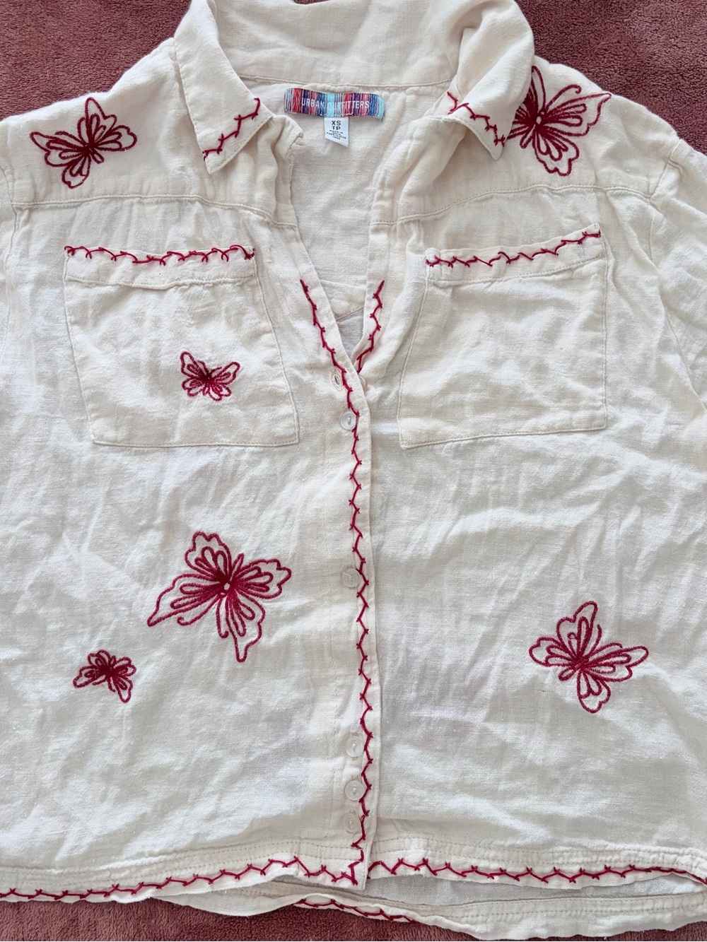 Urban Outfitters Cream Button-Up Top with Red Butterfly Embroidery
